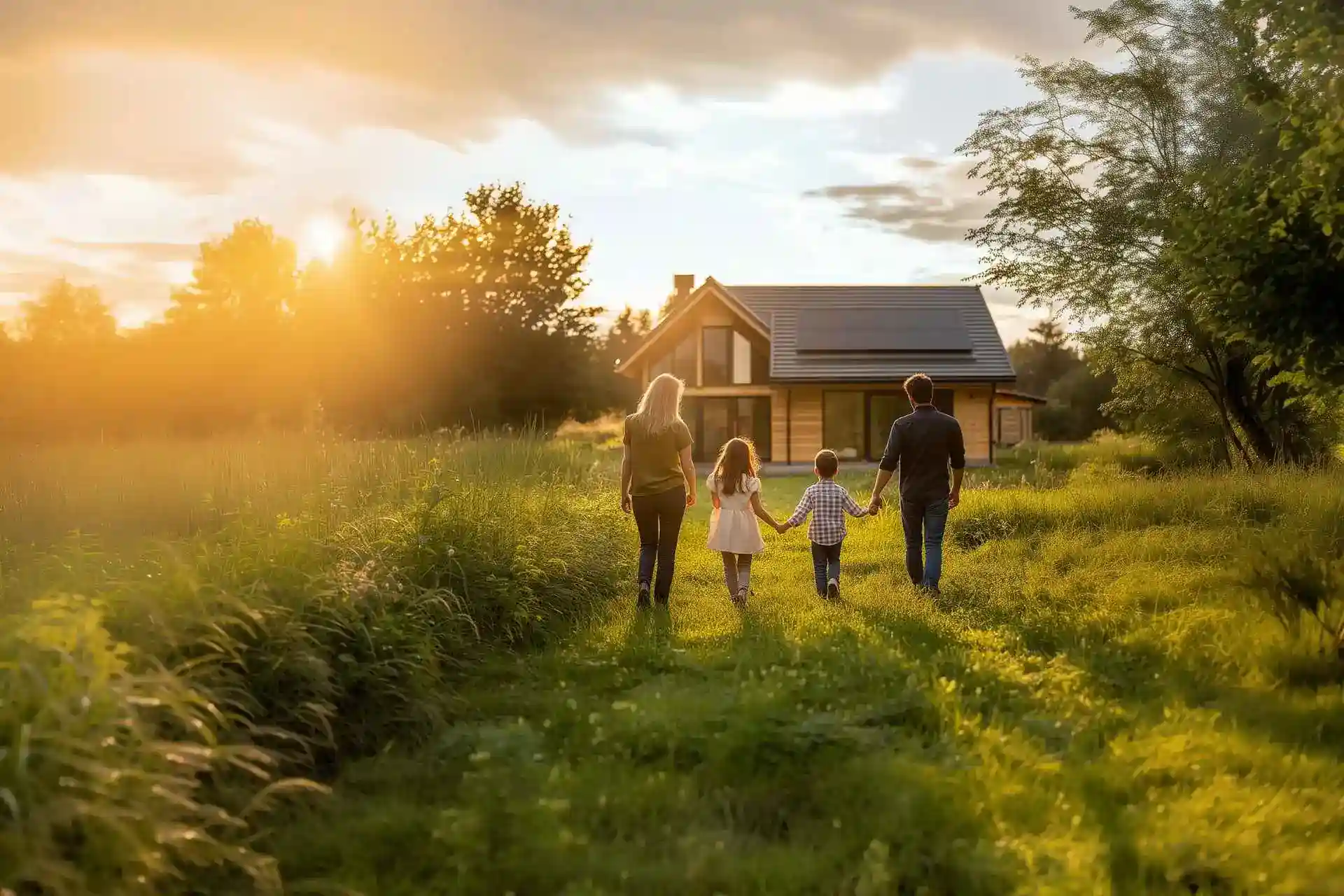 Famille marchant vers leur maison équipée de panneaux solaires